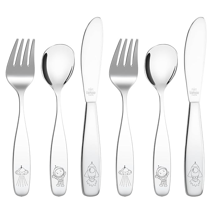 Lehoo Castle Toddler Eating Utensils 6-Piece | Stainless Steel Kids Utensils for Ages 3+, Toddler Spoons and Forks Knife Set, Children Safe Flatware for Self Feeding (Space)