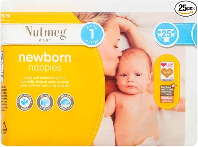 Nutmeg Baby Newborn Size 1 2-5kg/4-11lbs 25 Nappies