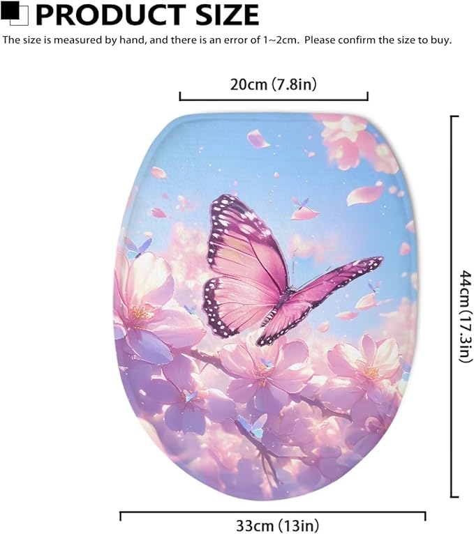 Pink Butterfly Toilet Lid Cover Protector Soft Flannel Fabric Toilet Cover Set Stretch Washable Protector Cover Suitable for Home School Hotel Dormitory Apartment