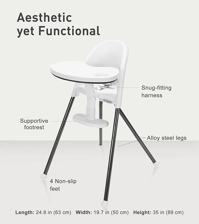 Mallify Foldable High Chair, Space-Saving Portable Baby High Chair with Removable Double Tray, Modern Convertible Baby Feeding Chair, Lightweight, Easy to Clean, White