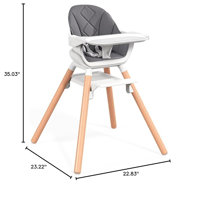 Baby High Chair, 6 in 1 Convertible High Chairs for Babies and Toddlers, Easy Clean Highchair with Removable Double Tray, 5-Point Harness, Reversible Footrest, Beech Wood Legs, Grey