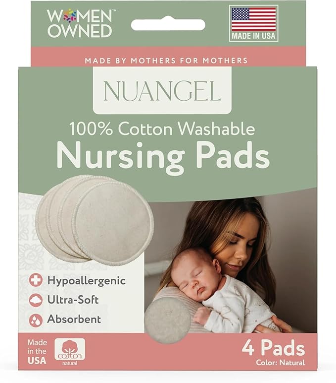 NuAngel 100% Cotton Washable Nursing Pads for Breastfeeding, Reusable & Breathable Leak Protection – 4 Pack (Natural)