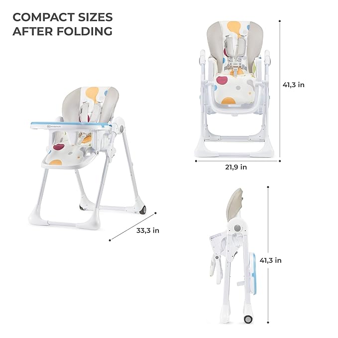 Kinderkraft Highchair Yummy, Baby Chair, Ergonomic, Comfortable, Reclining, Foldable, with Ajustable Height, Footrest, Detachable Double Tray, for Toddler, from 6 Month to 3 Years, Multicolor