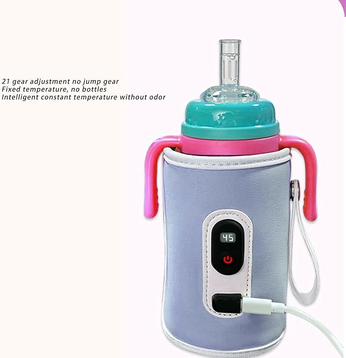 Portable Bottle Warmer,21 Speeds, Temperature Adjustable, LED Display, Car Travel,Ideal for Baby Milk, Portable Insulation Cover (Blue)