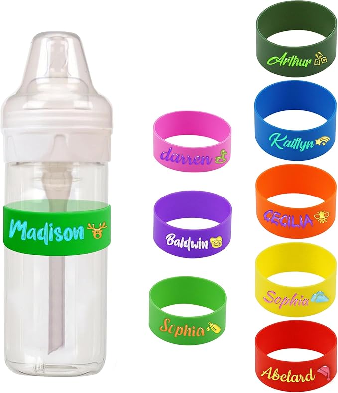 2 Pcs Personalized Water Bottle Labels, Reusable Bottle Name Bands, Elastic Silicone Bottle Tag Cute Sippy Cup Strap Engraved with Name Daycare Labels