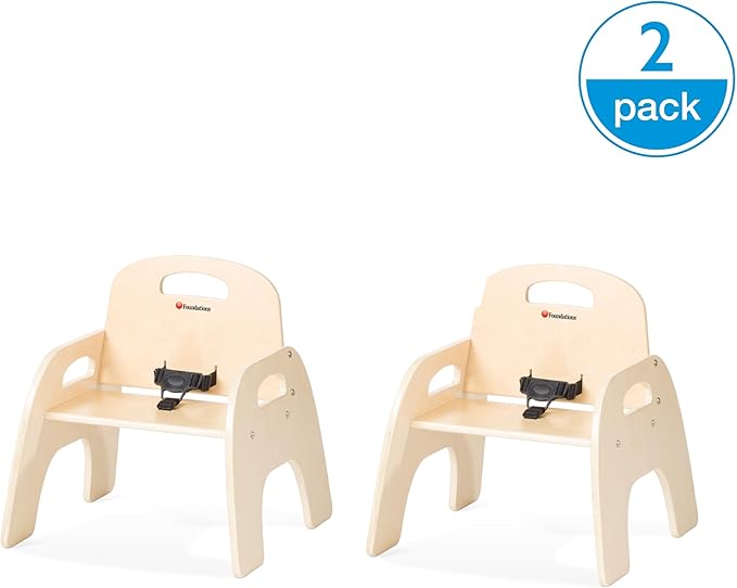 Foundations Simple Sitter 7” Low Wood Feeding Chairs, Wide No-Tip Base, Adjustable Safety Harness, Stackable Wood Toddler Chairs with Wipeable Finish, 2 Pack