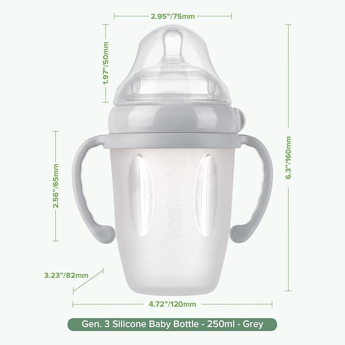 haakaa Gen. 3 Silicone Baby Bottle 250ml /8.4oz β Baby Bottles for Babies 6M+, BPA-Free Breastfeeding Baby Bottle with Natural Latch, Variable Flow Anti-Colic Silicone Baby Bottleβ Grey