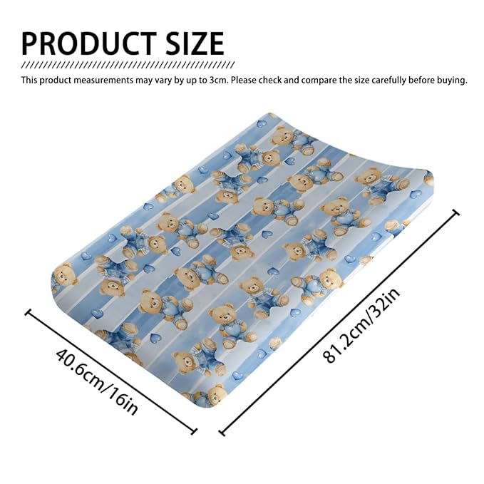 Cute Cartoon Bear Heart Stripes Baby Changing Pad Cover, Unisex Bear Nursery Diaper Changing Table Pad Mat Sheet for Boys Girls-16x32