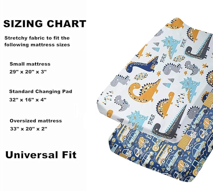2 Pack Changing Pad Cover for Girls Boys, Ultra Soft Breathable Cotton, Baby Diaper Change Table Pad Covers (32"x16", Dinosaurs Car)