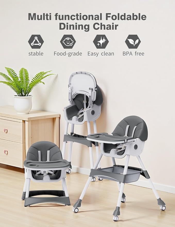 High Chairs for Babies and Toddlers, 4 in 1 Convertible Baby High Chair, Portable High Chair for Travel with Adjustable Height and Back, Foldable HighChair with Wheels& Pu Cushion (Grey)