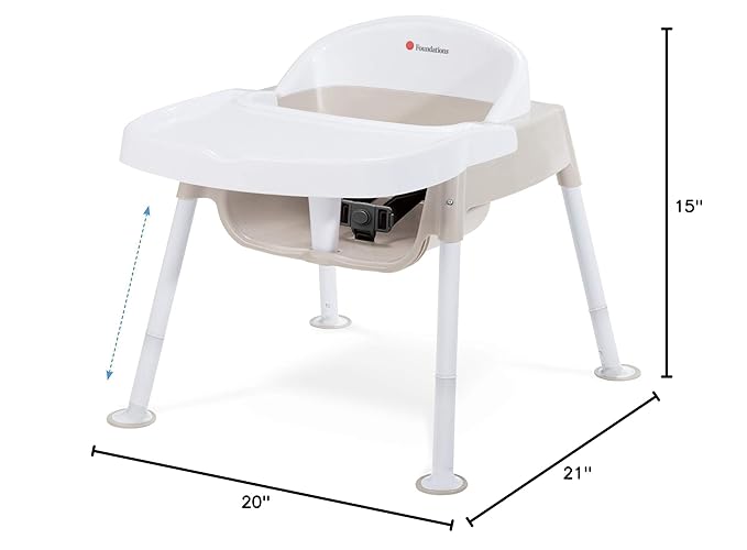 Foundations Secure Sitter 7-13" Adjustable Height Feeding Chair, 1 Pack, Stable “No Tip” Feet, 3-Point Adjustable Harness, Removable Tray, Easy to Clean, Smooth Plastic, White/Tan