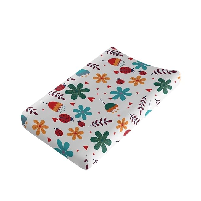 Baby Stretchy Changing Pad Cover, Breathable Changing Pad Cover for Infants and Toddles, Hippie Flower Ladybug Print 16 * 32 Inches