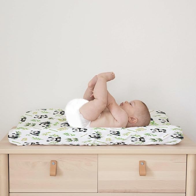 Watercolor Panda Green Leaves Baby Changing Pad Cover Sheets for Boy Girl 32''x16'' Cute Bear Unisex Fitted Diaper Changing Table Sheets Soft Breathable Baby Changing Table Mats