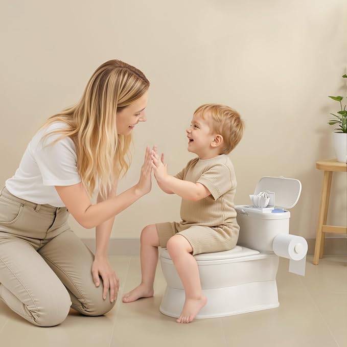 CheerTry 2-in-1 Toddler Potty Training Toilet - with Detachable Training Seat, Realistic Flushing Sound for Boys & Girls Ages 1-3 with Wipes Storage, Toilet Paper Holder