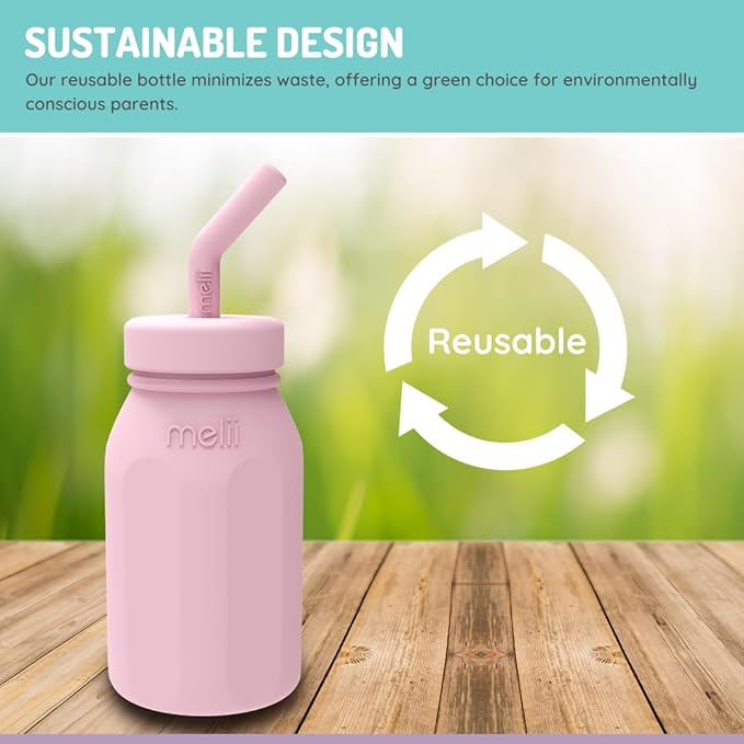 Silicone Water Bottle with Straw for Babies, Toddlers & Kids, BPA Free, Pink