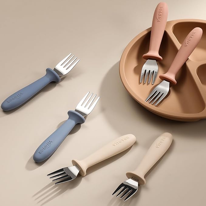 6 Pieces Toddler Forks,Kids Safe Utensils Set with Silicone Round Handle for Self Feeding,18/8 Stainless Steel Baby Forks,Children's Silverware Set BPA Free, Dishwasher Safe