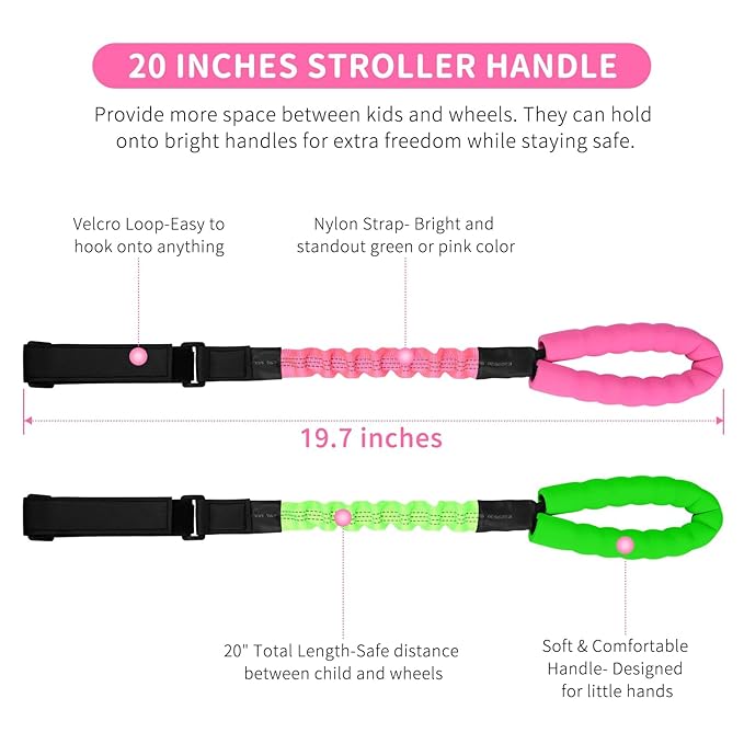 ONEDONE Stroller Handle for Toddler Travel 20" Stroller Strap for Kids to Hold Handle for Strollers, Wagons, Shopping Carts Soft Handle for Child Safety Keep Kids Close Pink