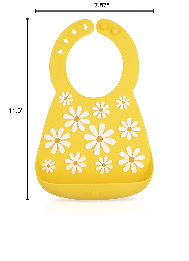 Nuby 3D Soft Silicone Baby Bib with Scoop - Silicone Bib for Toddlers and Babies 6+ Months - Yellow Daisy
