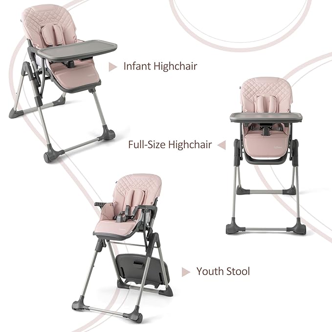 INFANS Baby High Chair, Convertible Quick Folding Portable Highchair for Babies and Toddlers with Adjustable Height Backrest Footrest 2 Wheels Removable Tray, Easy to Clean PU Seat