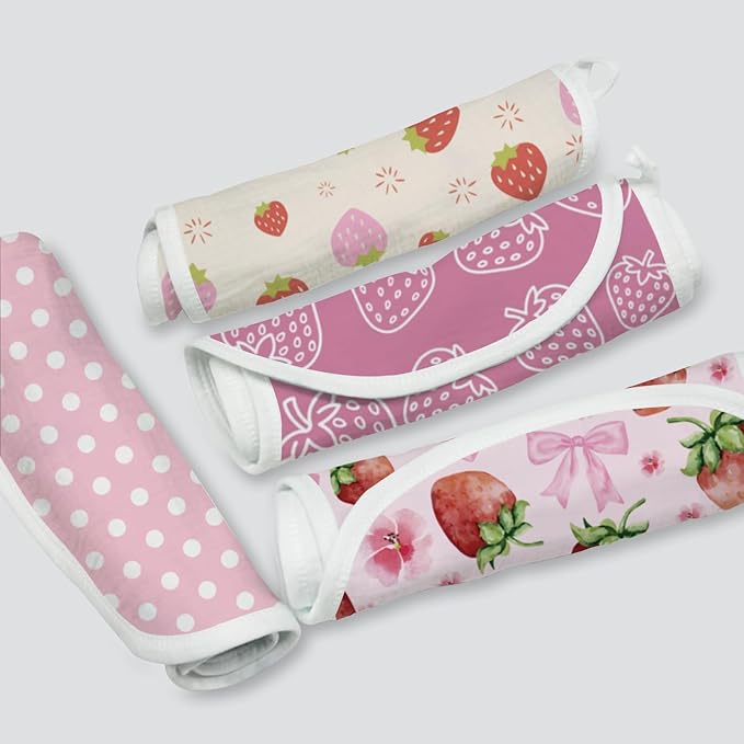5-Pack Baby Burp Cloths for Girls, 100% Muslin Cotton Super Absorbent Burping Rags, Ultra Soft Large Washcloths with Sweet Strawberry & Floral Prints, Newborn Baby Essentials Gift Set