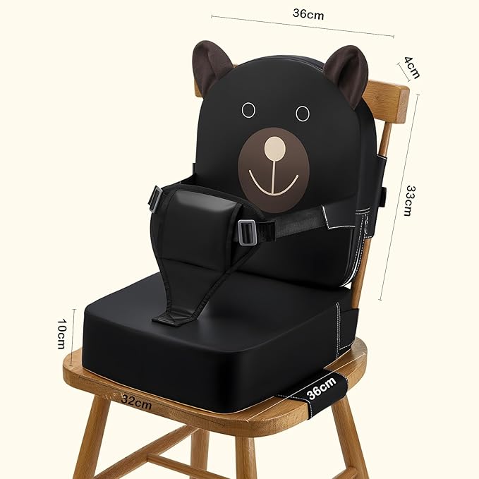 Booster Seat for Kitchen Chair, Toddler Kids Booster Seats for Dining Table with Backrest and Adjustable Strap, Portable PU Waterproof Travel Baby Boy Girl Booster Increasing Cushion (Black, OneSize)