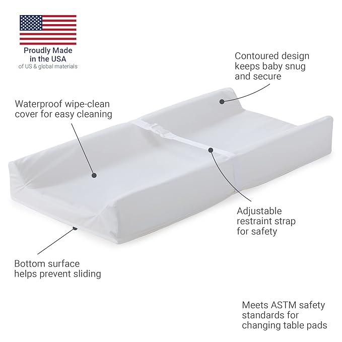 Kolcraft Waterproof Contoured Wipeable Baby Diaper Changing Pad for Dresser or Table, Durable Easy Clean Surface, Soybean Enhanced Foam, Safety Restraint Belt & Straps, Made in USA, White, 16' x 32'