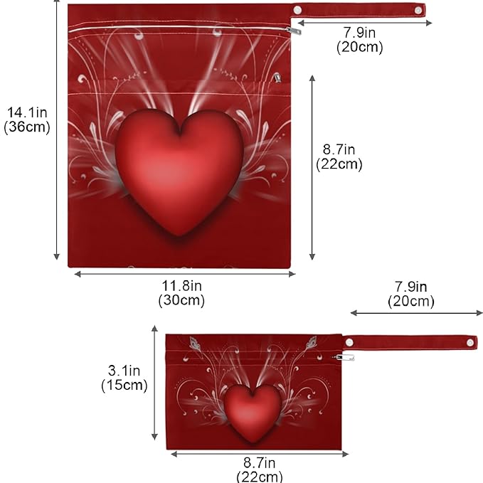 visesunny Love Heart 2Pcs Wet Bag with Zippered Pockets Washable Reusable Roomy Diaper Bag for Travel,Beach,Pool,Daycare,Stroller,Diapers,Dirty Gym Clothes, Wet Swimsuits, Toiletries