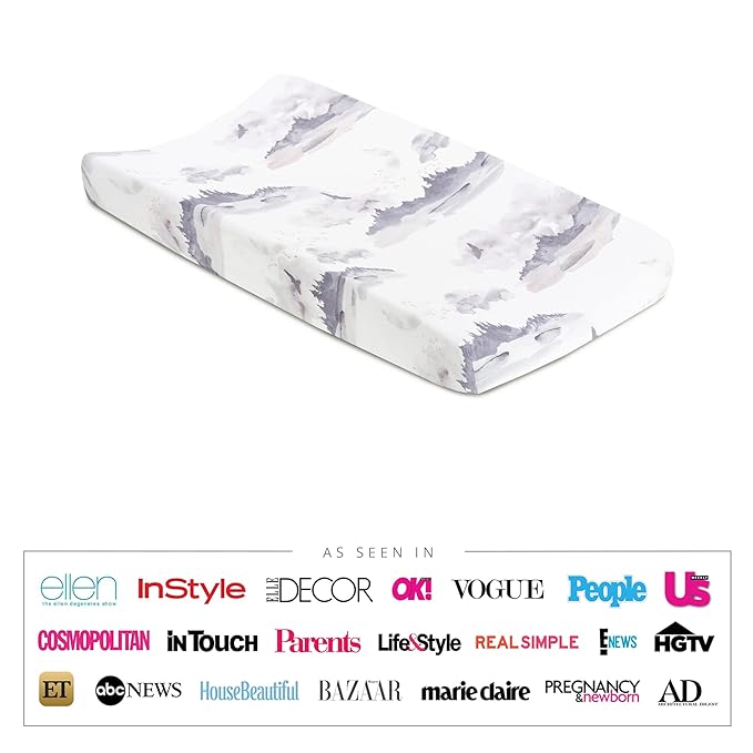 Oilo Changing Pad Cover, Breathable Organic Cotton Fitted Jersey, 300 Thread Count, Machine Washable, Fits Standard Changing Pads (32" x 16"), Girl, Boy, & Neutral Nursery Design, Misty Mountain
