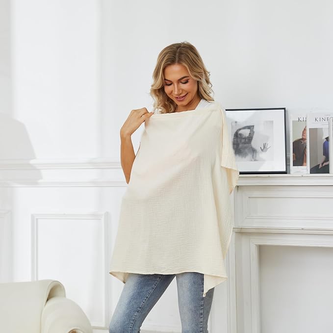Muslin Nursing Cover for Baby Breastfeeding, Breathable Privacy Nursing Covers for Mom 100% Cotton Breastfeeding Cover with Rigid Hoop for Mother Nursing Apron (Beige)