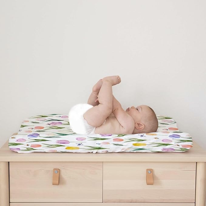 Watercolor Tulips Bees Butterflies Changing Pad Covers Boho Spring Floral Diaper Change Table Pad Sheets for Baby Girl Wild Flowers Soft Breathable Stretchy Snug Fitted Changing Table Mats 32''x16''