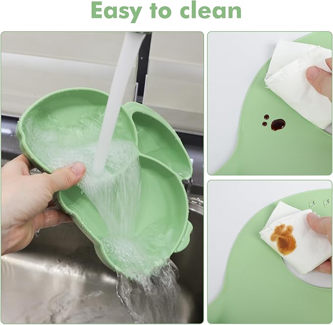 Silicone Baby Feeding Set 15 Pcs,Baby Spoons Suction Bowl Divided Plate Bib Cup Finger Brush Training cups,Baby Led Weaning Supplies(green)