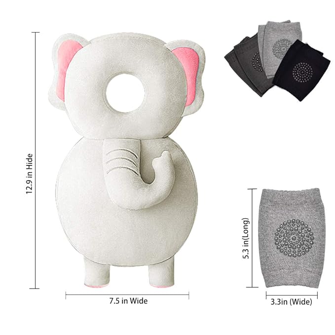 Head Protector & Knee Pads for Crawling, Toddlers Head Safety Pad Adjustable Backpack, Baby Back Protection for Walking & Crawling, Elephant