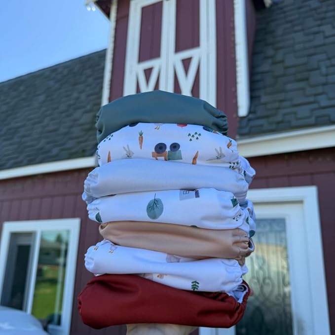 Nora's Nursery AWJ Cloth Diapers 7 Pack with 1 Wet Bag - Waterproof Cover, Washable, Reusable & One Size Adjustable Pocket Diapers for Newborns and Toddlers - On the Farm