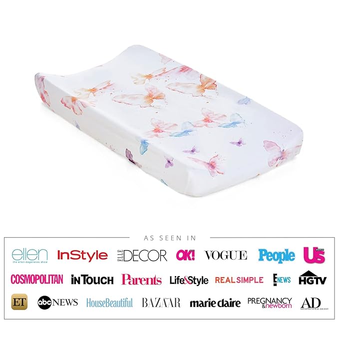 Oilo Changing Pad Cover, Breathable Organic Cotton Fitted Jersey, 300 Thread Count, Machine Washable, Fits Standard Changing Pads (32" x 16"), Girl, Boy, & Neutral Nursery Design, Butterfly