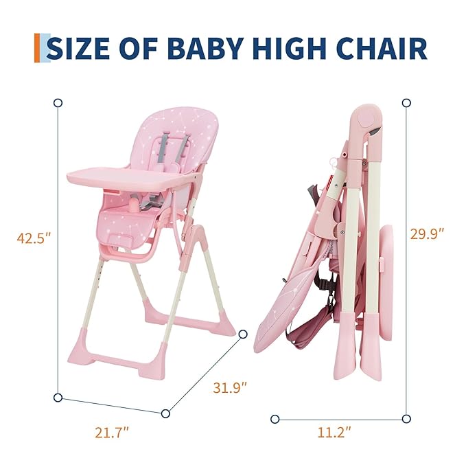 Baby High Chair, Foldable Feeding Chairs for Babies and Toddlers, Adjustable Height/Backrest/Footrest, Removable Tray, Fast Folding Pink