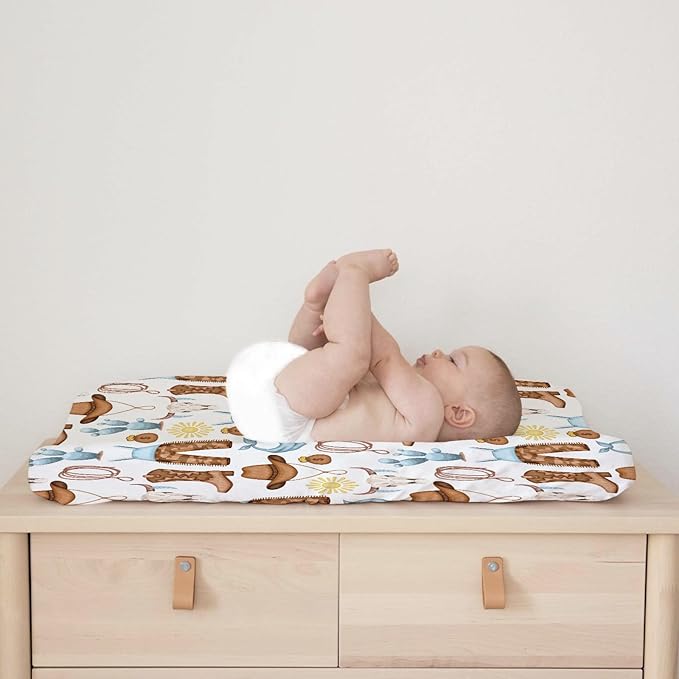 Western Cowboy Baby Changing Pad Cover for Boys & Girls 32''x16'' Desert Cowboy Hat Boot Sun Cactus Unisex Fitted Changing Table Mats Sheets Soft Breathable Cradle & Bassinet Sheets Blue