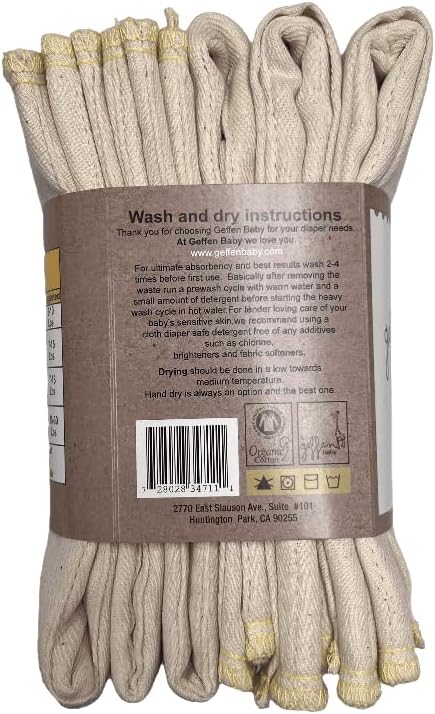 Geffen Baby 100% Unbleached Cotton Prefold Diapers – Ultra-Soft, Reusable & Absorbent | Natural, Washable Baby Cloth Diapers for Sensitive Skin & Multi-Use