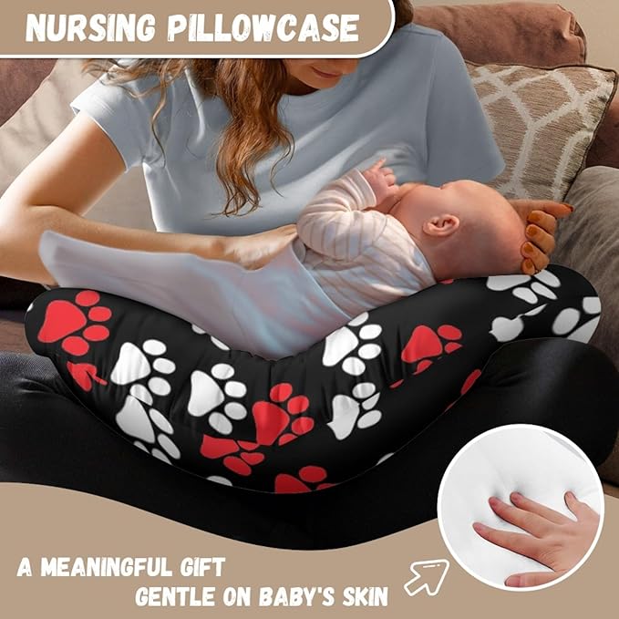 Forchrinse White Red Dog Paw Print Nursing Pillow Cover for Girls Boys Baby Nursing Pillow Slipcover for Puppy’s Lover
