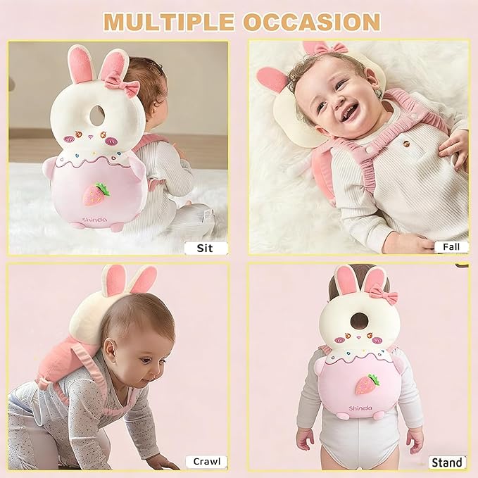 Baby Head Protector Backpack, Toddler Baby Head Protection Backpack with Baby Knee Pads Alarm Function for Walking & Crawling, Soft, Breathable and Wearing Safety Baby Head Protector-Pink Rabbit