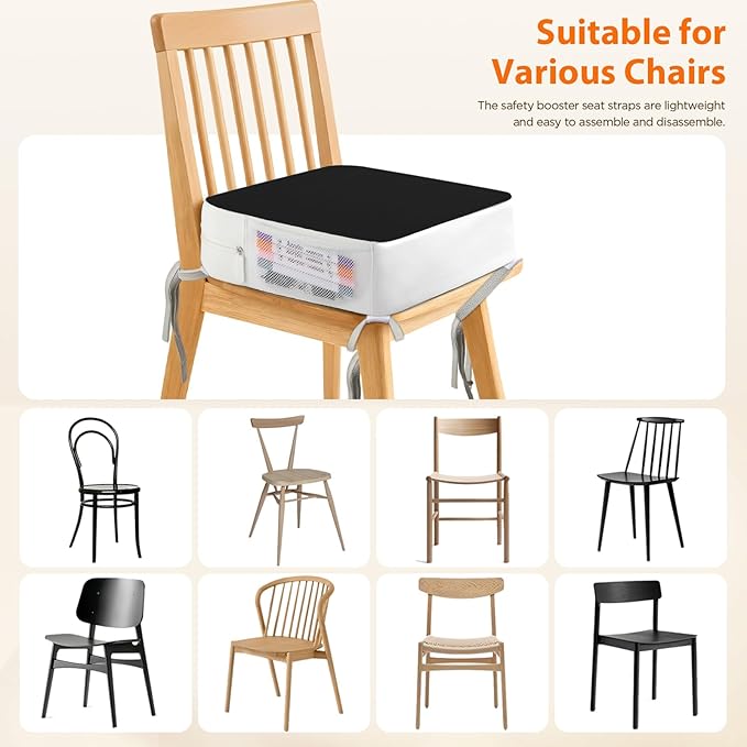 Booster Seat for Kitchen Chair, 3.8" Toddler Booster Seats for Dining Table with Ties, PU Dining Booster Seat with Side Pockets, Non-Slip & Removable Booster Seat for Table Increasing Cushion (Black)