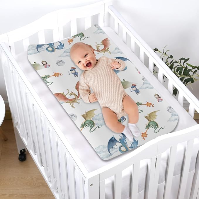 Fairytale Dragons Castle Changing Pad Cover Watercolor Dragon Princess Knight Moon Clouds Baby Nursery Diaper Change Pad Sheets for Boy Girl Soft Stretchy Fitted Changing Table Sheets Mats 32''x16''