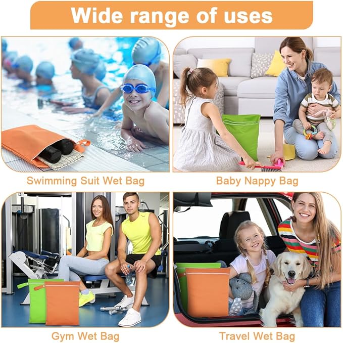 2PCS Wet Bags, Reusable Cloth Diaper Bags with Handle and Zipper, Lightweight Waterproof Travel Laundry Bag, Washable Wet Dry Bag for Baby Items Travel Beach Swimming Gym Camping(Green&Orange)