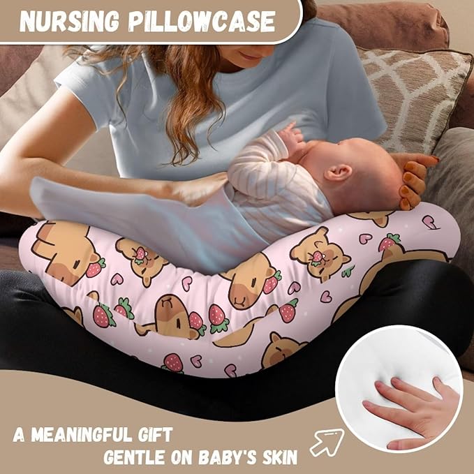 Jeiento Strawberry Capybara Nursing Pillow Covers Soft Adorable Nursing Cover for Breastfeeding Pillows Capybara Slipcovers for Newborn U-Shaped Pillowcase