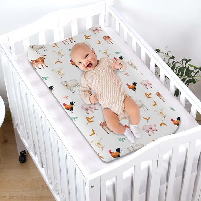 Watercolor Farm Animals Changing Pad Cover Farm Cow Lamb Pig Hen Duck Sunflowers Leaves Baby Diaper Changing Table Sheets for Boys Girls Soft Stretch Fitted Baby Changing Table Mats Covers 32''x16''