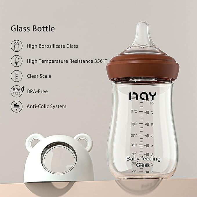 yanyoyo Natural Glass Baby Bottle for Breastfeeding Babies, 8oz Anti-Colic Baby Bottle with Natural Response Nipple(M), Clear, Wide Neck, 4 Pack, 3 Months+