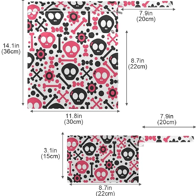 visesunny Pink Skull Black 2Pcs Wet Bag with Zippered Pockets Washable Reusable Roomy for Travel,Beach,Pool,Daycare,Stroller,Diapers,Dirty Gym Clothes, Wet Swimsuits, Toiletries