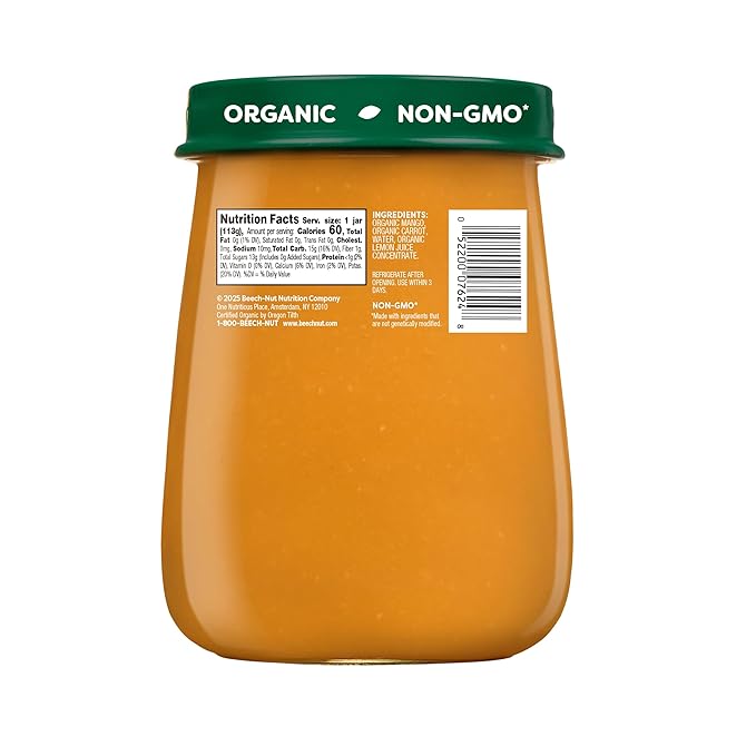 Beech-Nut Organic Baby Food Jars, Organic Mango & Carrot Baby Puree, Stage 2 for Babies 6 Months and Up, Non-GMO, 4oz Glass Baby Food Jars, 10ct