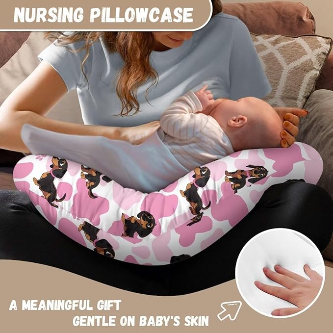 Pink Heart Dachshund Nursing Pillow Cover for U-Shaped Feeding Pillow Breastfeeding Pillow Slipcover Hidden Zipper Design Soft and Skin-Friendly