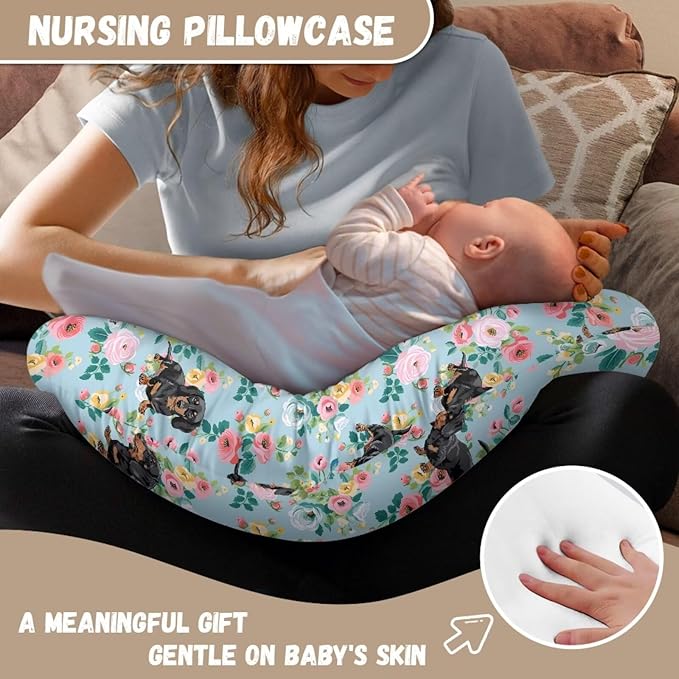 Jeiento Floral Black Dachshund Dog Nursing Pillow Cover Cartoon Blue Slipcover for Baby Removable Comfort Pillow Slipcovers for Breastfeeding U-Shaped Pillows