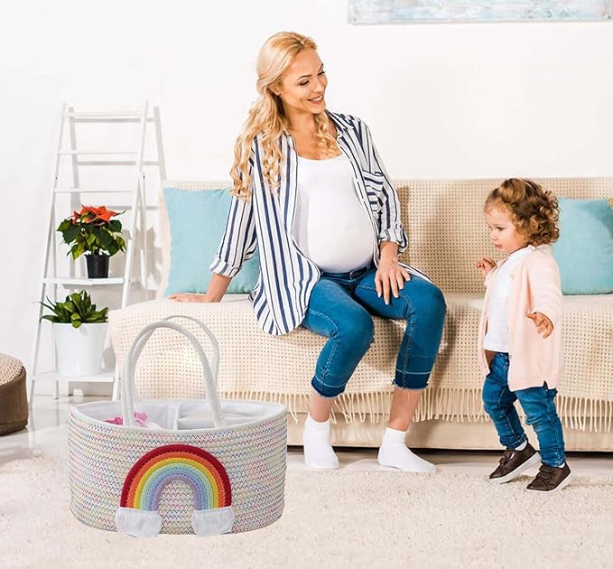 Diaper Caddy Organizer for Changing Table, Cotton Rope Baby Storage Basket for Diaper Wipes, Car Caddy Organizer, Nursery Diaper Organizer With Divider, Portable Diaper Storage -Rainbow